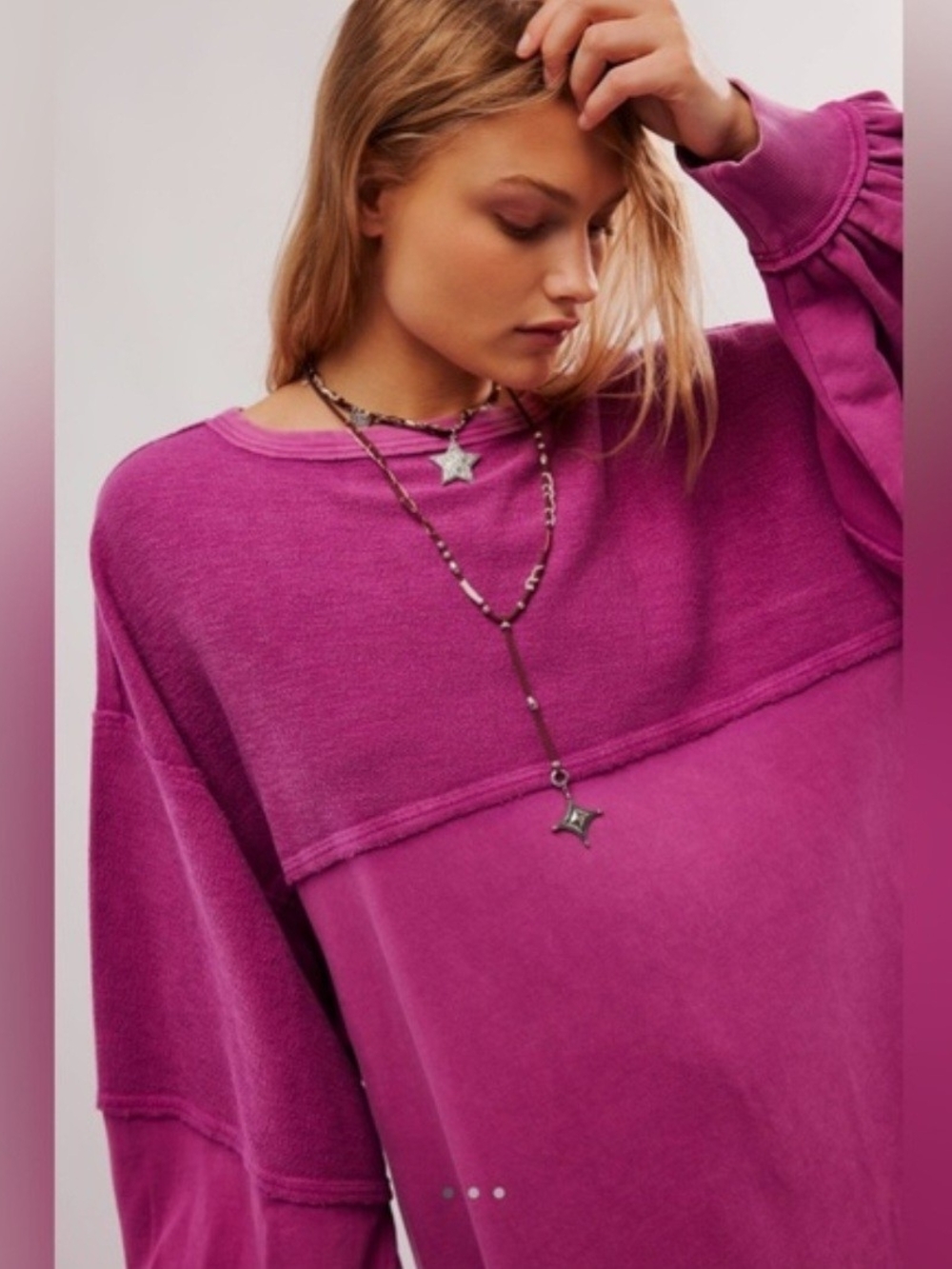 Free People We The Free Coastal Crew Sweatshirt Very Berry Pink NWT M Boho FP - Picture 3 of 9